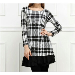GUC Reborn Black & White Plaid Reborn Anthropologie knit Dress Ruffle Hem Sz L